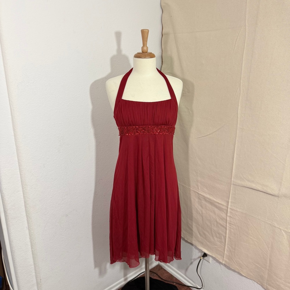 City Triangles Red Halter Dress Sequin Empire Waist Pleated Chiffon Womens L